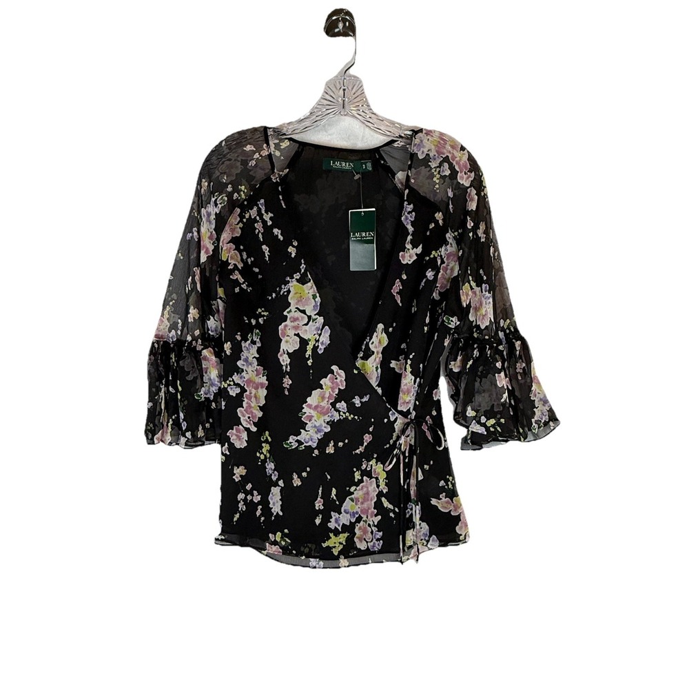 Lauren Ralph Lauren Floral Wrap Top Sheer Bell Sleeve Black Blouse S NWT Romanti